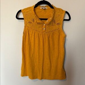 Lucky Brand Sleeveless Tank Yellow Embroidered Small Button Ruffle Flower Summer